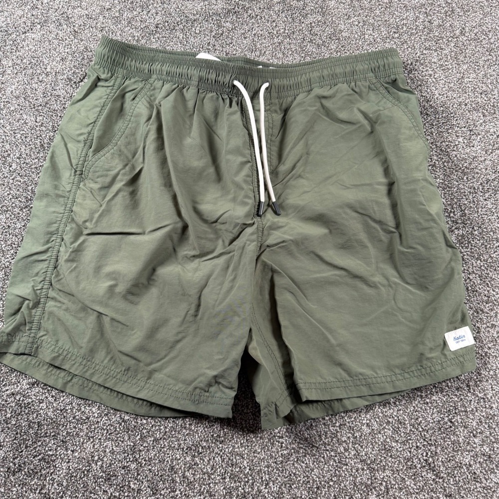 Katin Swim Trunks Mens Large Olive Green Elastic Waist Mesh Cut Out Board Shorts
